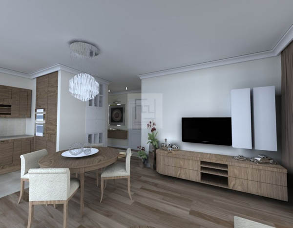 Дизайн квартиры в классическом стиле в основе белый цвет и текстура дерева.